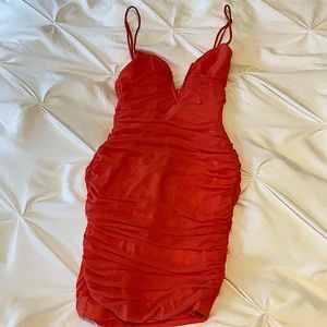 PINK CORAL SELFIE strappy deep-v mini ruched dress.